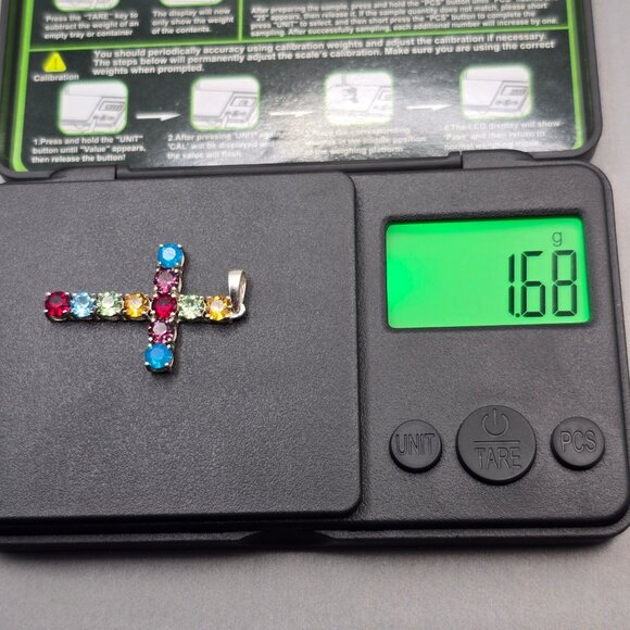 Vintage Sterling Silver Multicolored Rhinestone Crystal Cross Pendant Statement - Picture 9 of 10